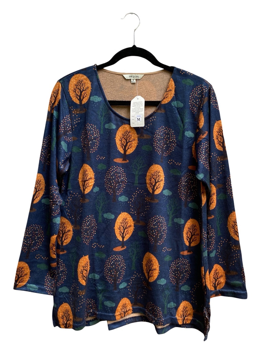 NWT Yak & Yeti Blue Tree Print Boho Long Sleeve Tunic Top Womens Size Medium